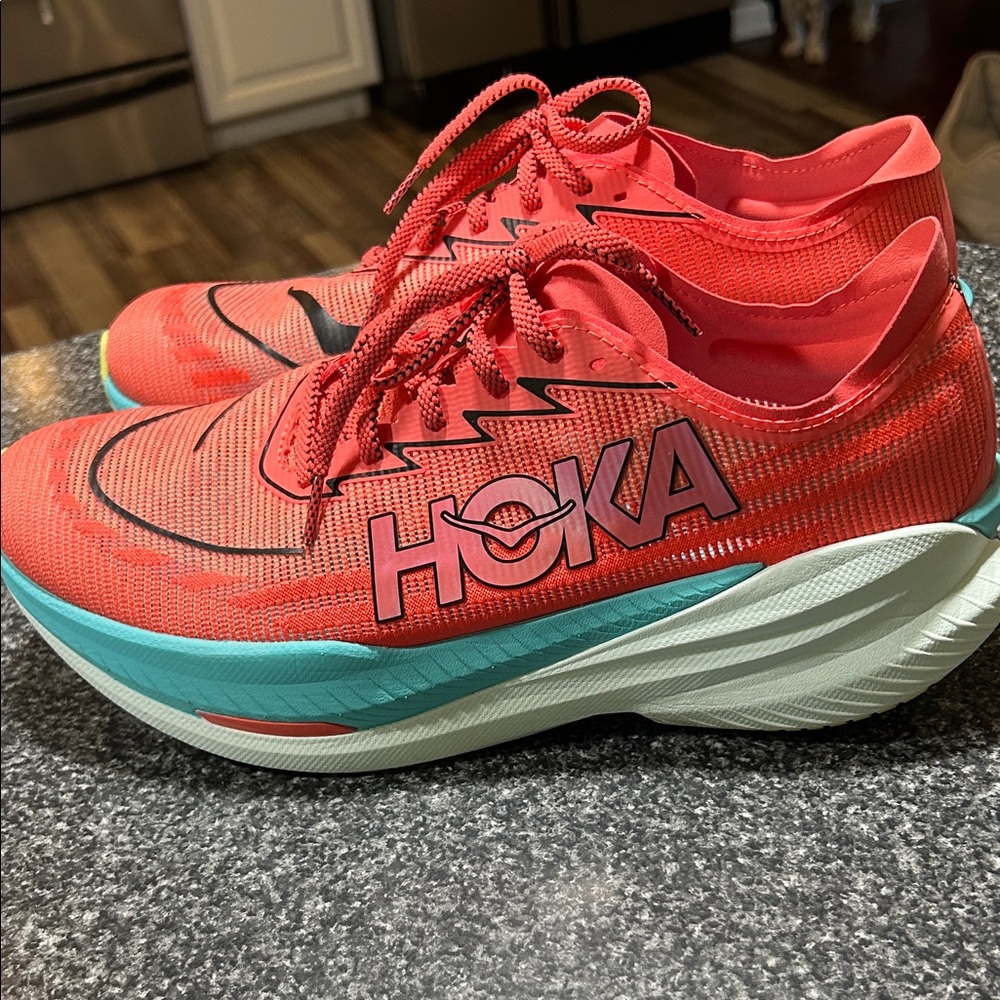 Hoka men’s Coral and teal Athletic Shoes, worn once . Size 13